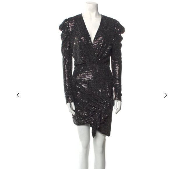 IRO Metallic Silver Sequin Wrap Dress Long Sleeve Ruched Holiday Mini XS - Picture 2 of 6